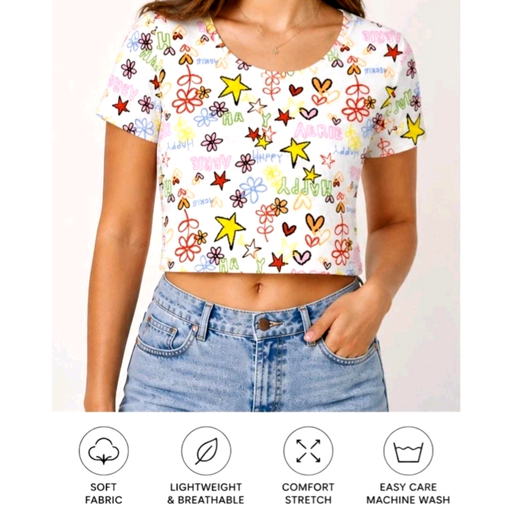 NEW Aerie‎ Smoothez Crop Top Womens Medium Stars Retro Groovy Indie Artsy Doodle